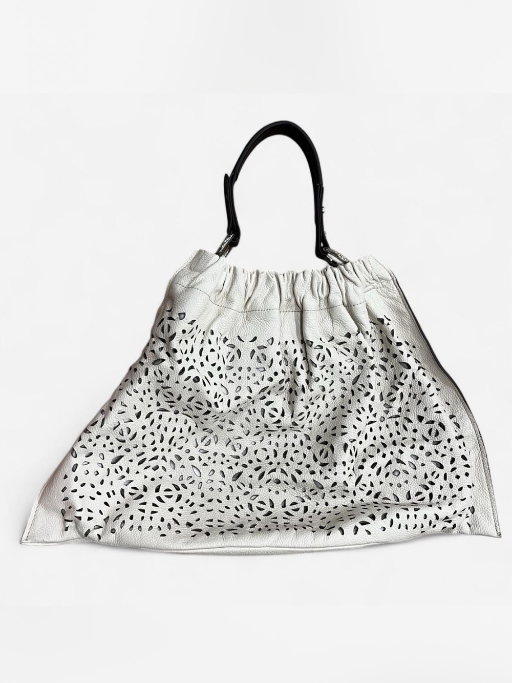 Marni White Laser-Cut Leather Tote with Brown Handles